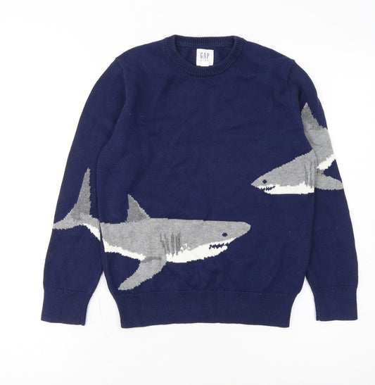 GAP Kids Boys Navy Blue Shark Graphic Cotton Pullover Jumper 8-9 Years