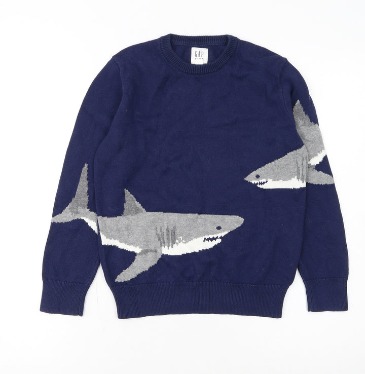 GAP Kids Boys Navy Blue Shark Graphic Cotton Pullover Jumper 8-9 Years