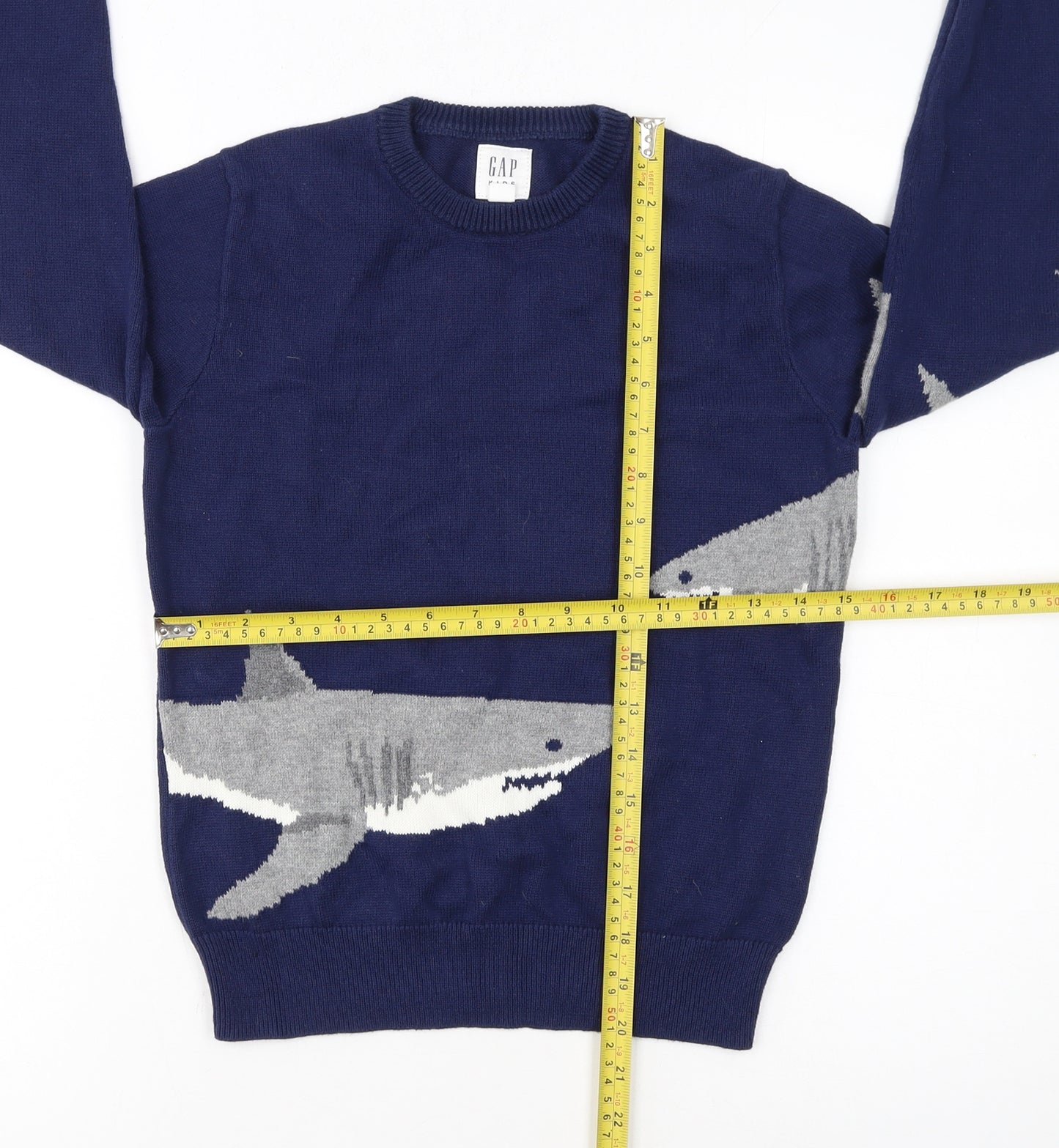 GAP Kids Boys Navy Blue Shark Graphic Cotton Pullover Jumper 8-9 Years
