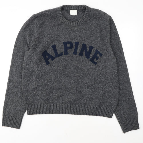 H&M Women Grey Wool Blend Pullover Jumper XL Crew Neck Alpine Logo