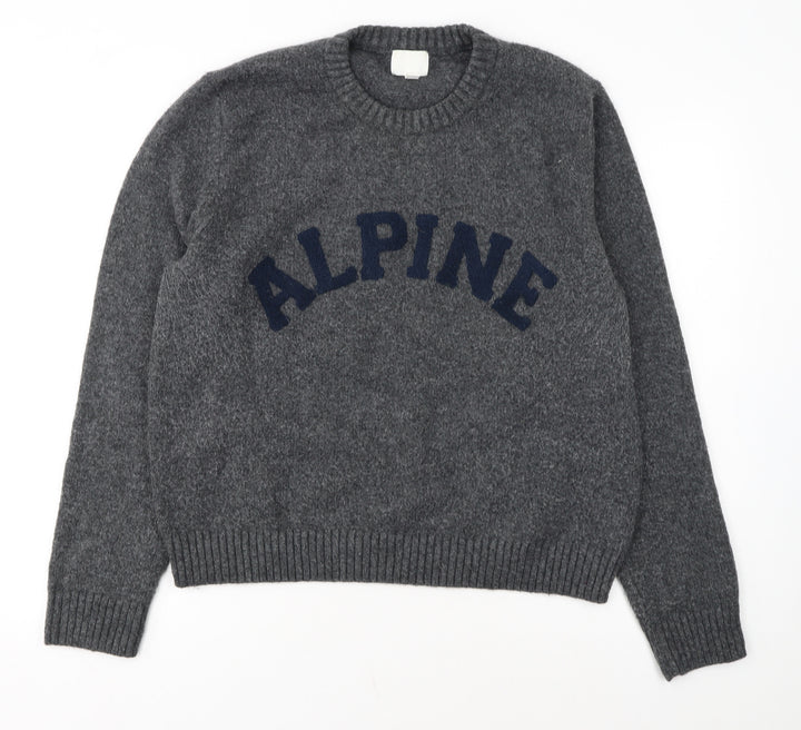 H&M Women Grey Wool Blend Pullover Jumper XL Crew Neck Alpine Logo