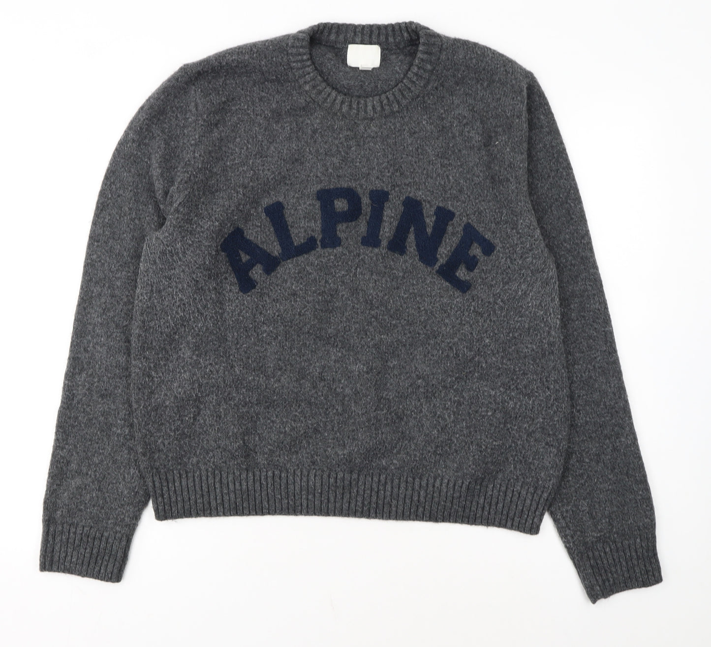 H&M Women Grey Wool Blend Pullover Jumper XL Crew Neck Alpine Logo