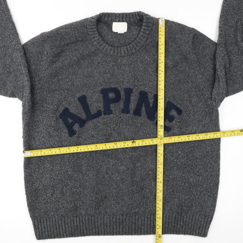H&M Women Grey Wool Blend Pullover Jumper XL Crew Neck Alpine Logo