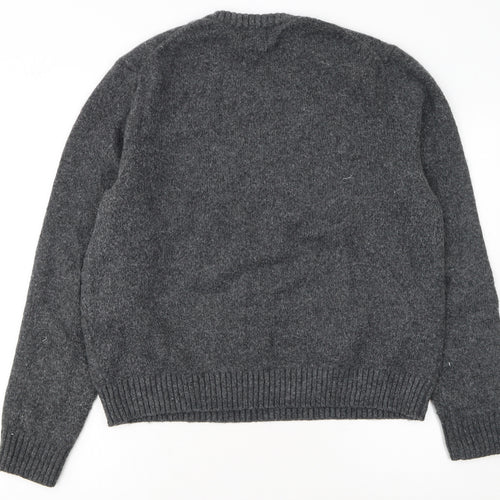 H&M Women Grey Wool Blend Pullover Jumper XL Crew Neck Alpine Logo