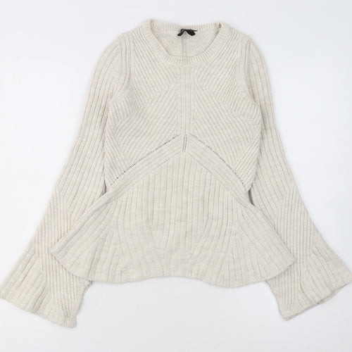 Topshop Women Ivory Ribbed Knit Flared Sleeve Jumper Size 6