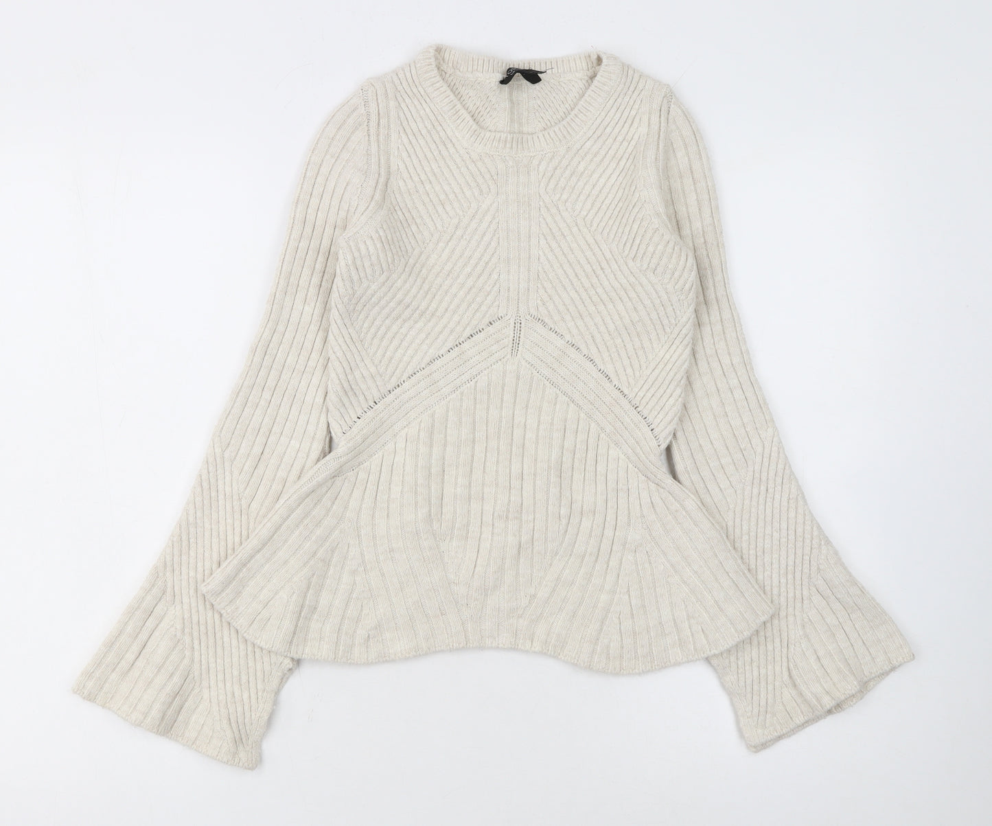 Topshop Women Ivory Ribbed Knit Flared Sleeve Jumper Size 6