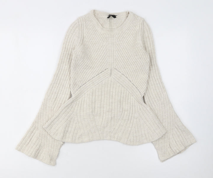 Topshop Women Ivory Ribbed Knit Flared Sleeve Jumper Size 6
