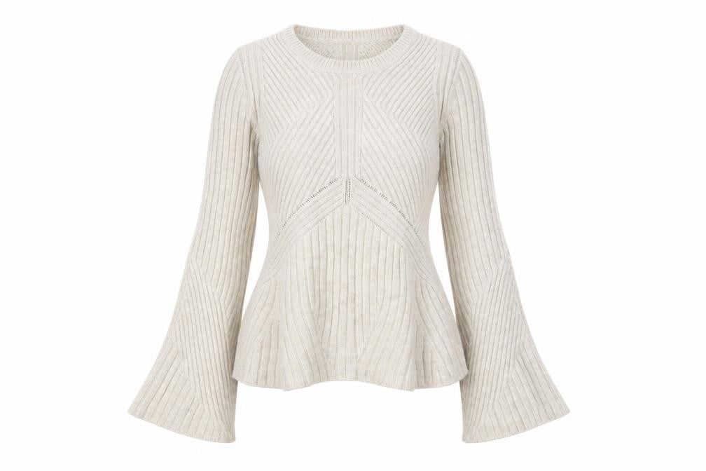 Topshop Women Ivory Ribbed Knit Flared Sleeve Jumper Size 6