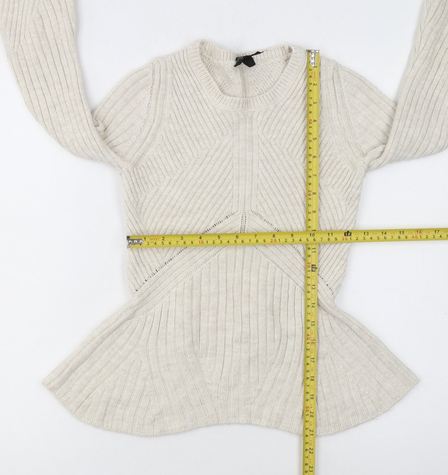 Topshop Women Ivory Ribbed Knit Flared Sleeve Jumper Size 6