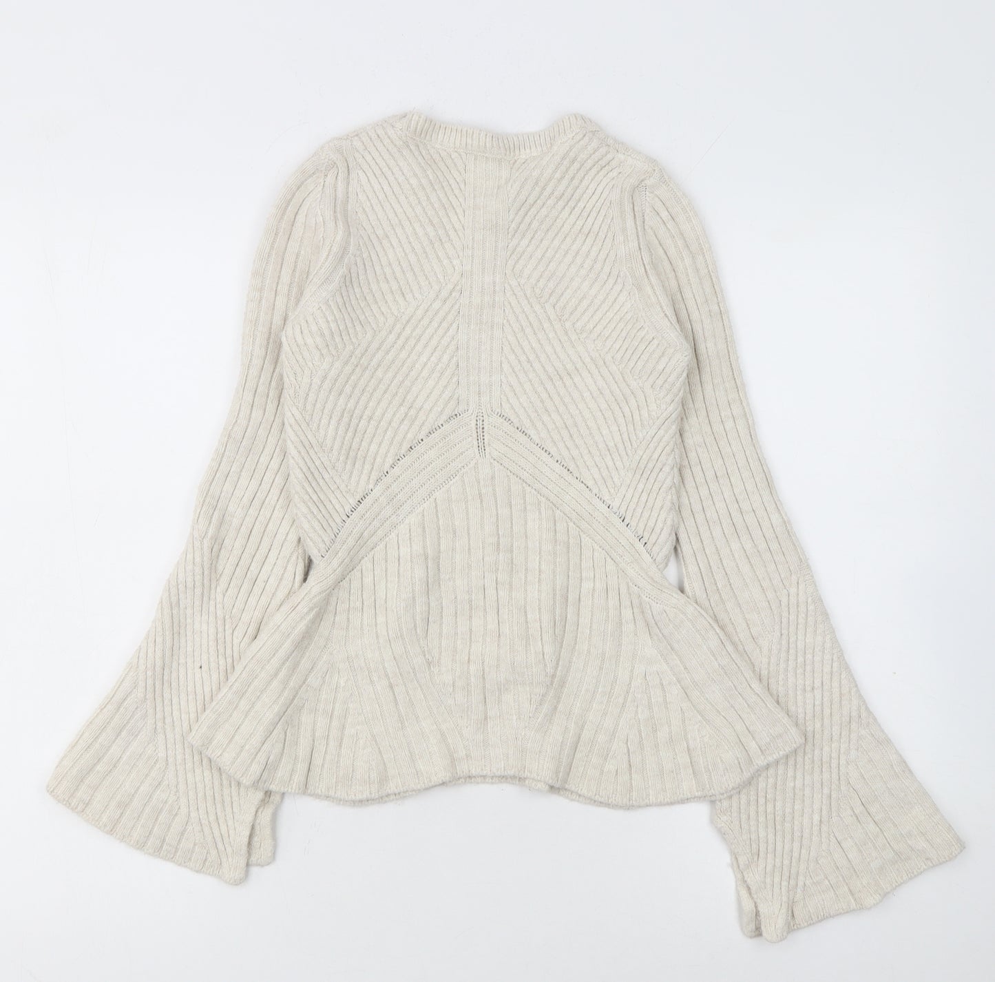 Topshop Women Ivory Ribbed Knit Flared Sleeve Jumper Size 6