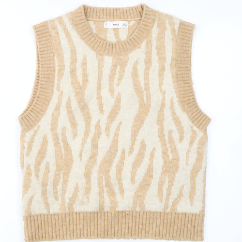 MNG Women’s Beige Animal Print Knit Sleeveless Vest Jumper L