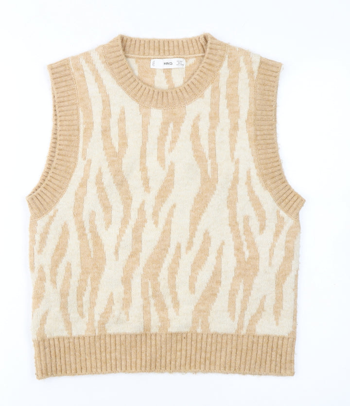 MNG Women’s Beige Animal Print Knit Sleeveless Vest Jumper L