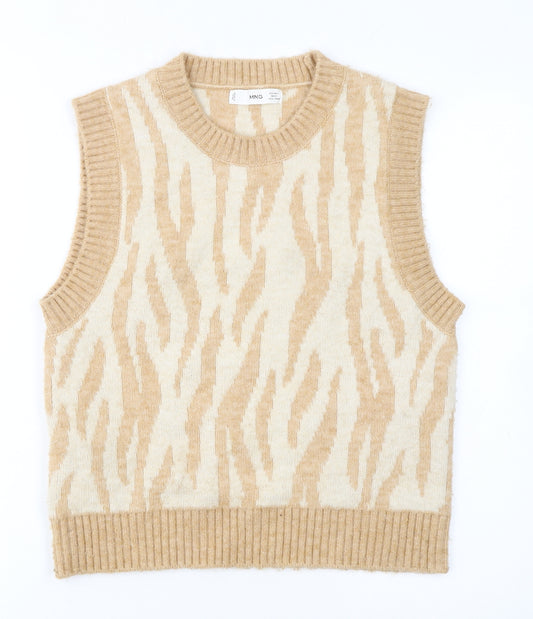 MNG Women’s Beige Animal Print Knit Sleeveless Vest Jumper L