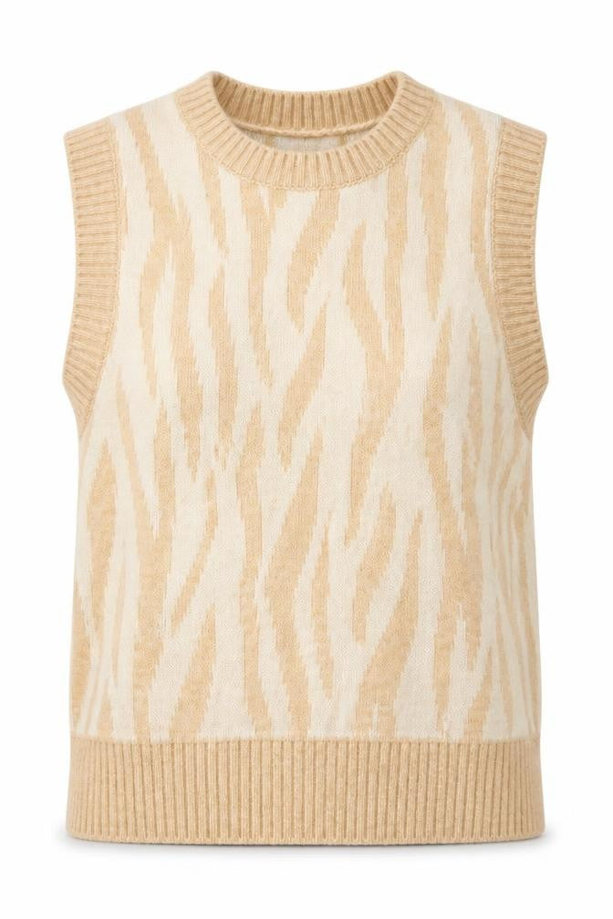 MNG Women’s Beige Animal Print Knit Sleeveless Vest Jumper L
