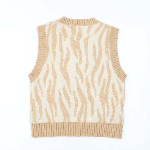 MNG Women’s Beige Animal Print Knit Sleeveless Vest Jumper L