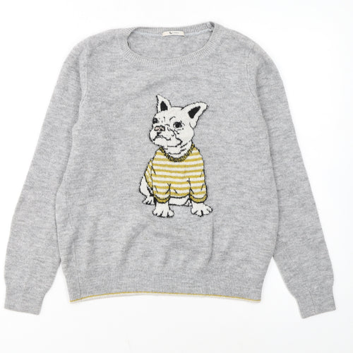 Tu Women Grey Dog Print Jumper Size 12 Acrylic Knit Pullover