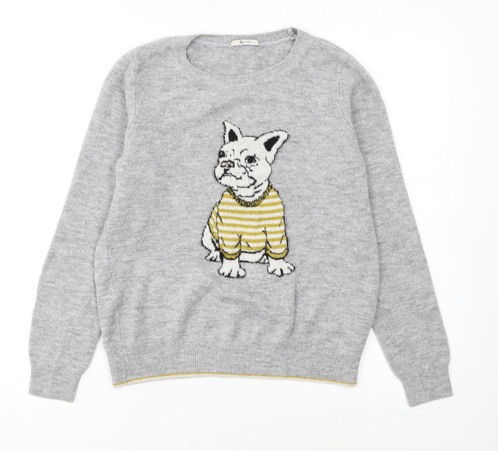 Tu Women Grey Dog Print Jumper Size 12 Acrylic Knit Pullover