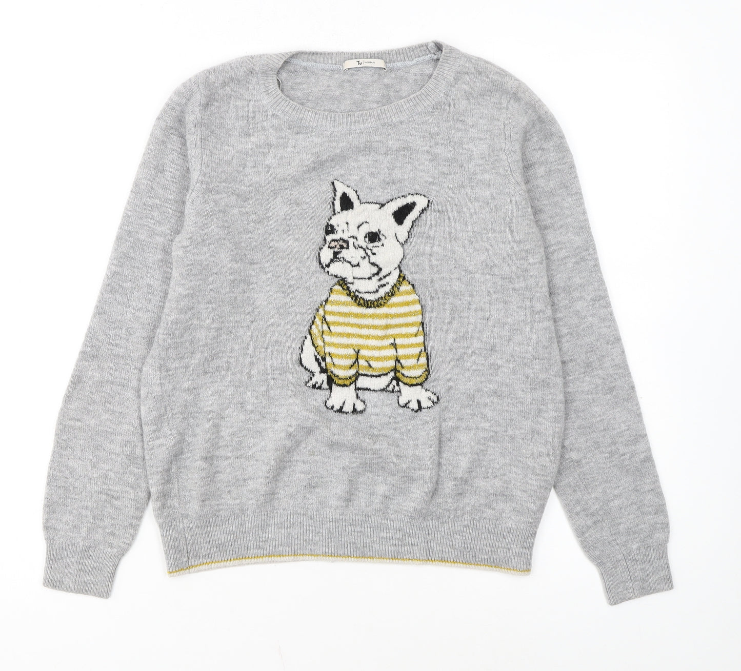 Tu Women Grey Dog Print Jumper Size 12 Acrylic Knit Pullover