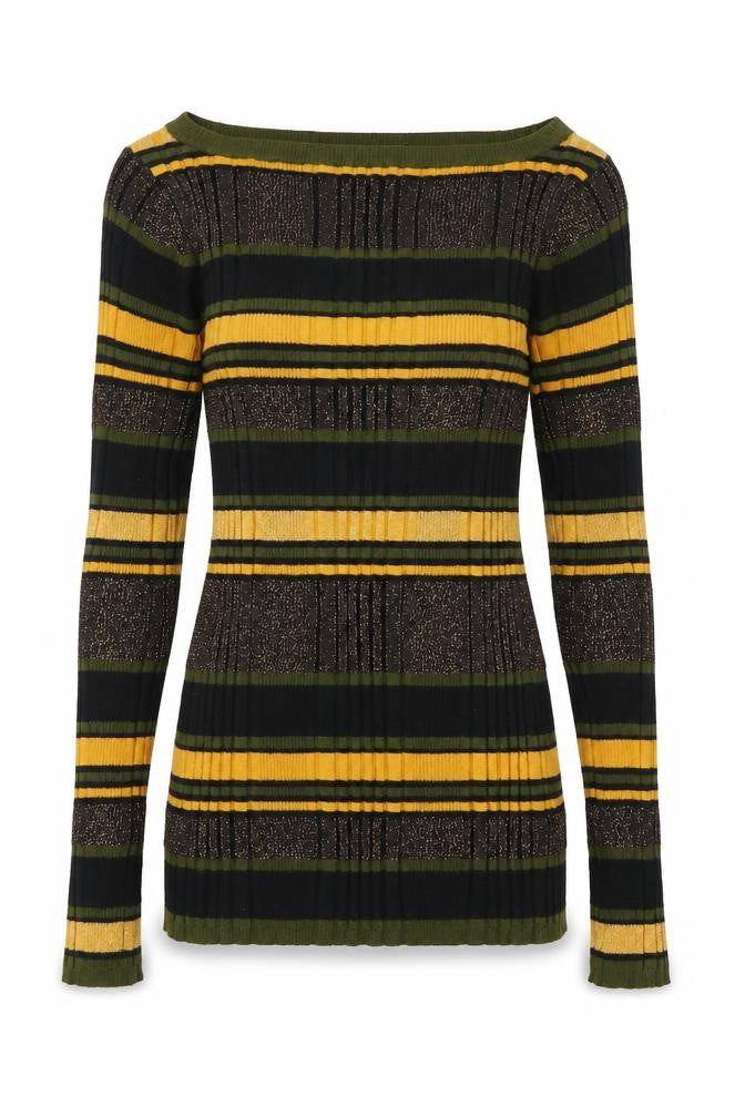 Front view of Marks & Spencer women’s multicoloured striped boat neck jumper, size UK 8