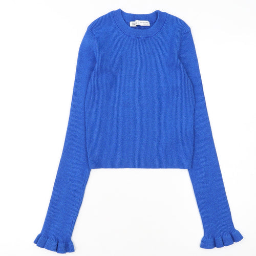 Bershka Women Blue Ruffle Sleeve Knit Pullover Jumper Size 12
