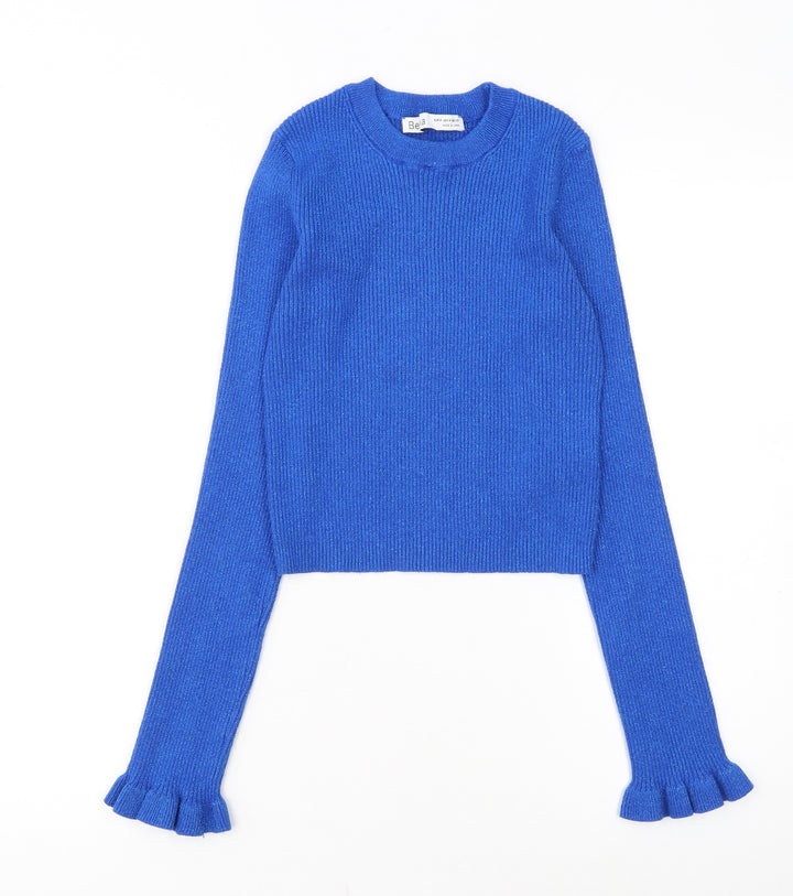 Bershka Women Blue Ruffle Sleeve Knit Pullover Jumper Size 12