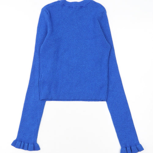 Bershka Women Blue Ruffle Sleeve Knit Pullover Jumper Size 12
