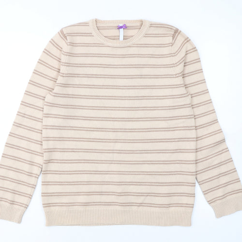 BHS Women Beige Striped Cotton Crew Neck Jumper Size 10