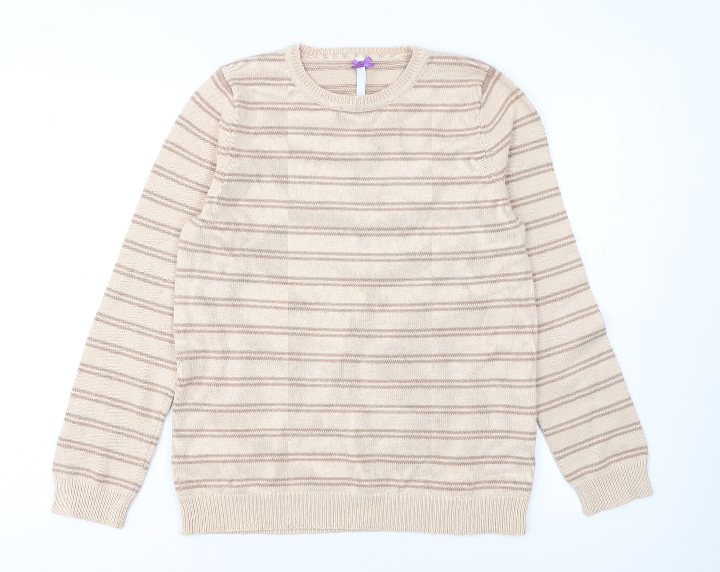 BHS Women Beige Striped Cotton Crew Neck Jumper Size 10