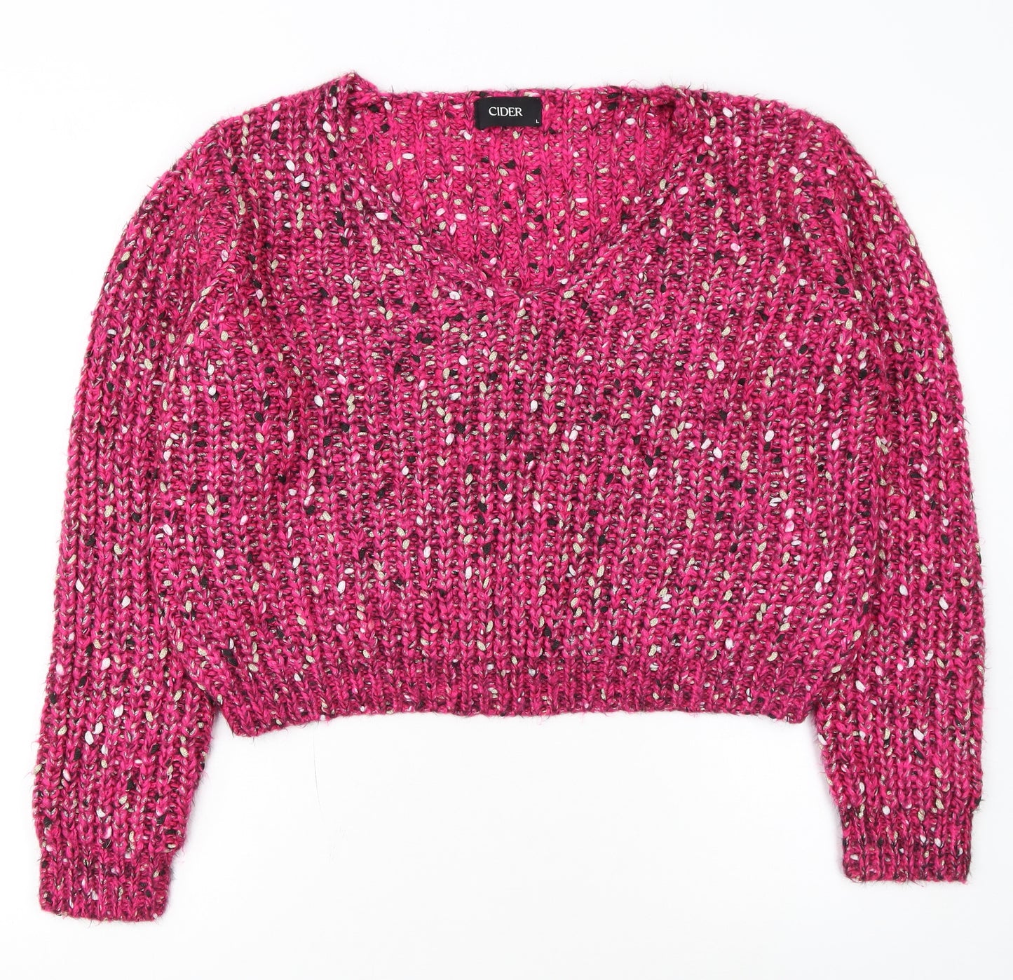 Cider Women Pink L Chunky Knit V-Neck Pullover Jumper