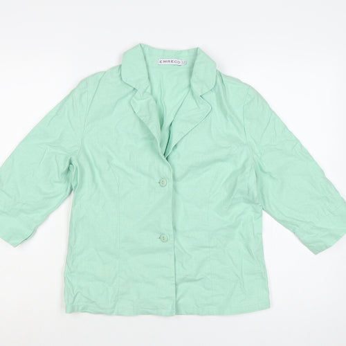 Emreco Women Mint Green Linen Blend Blazer Jacket UK 10 Classic 3/4 Sleeve