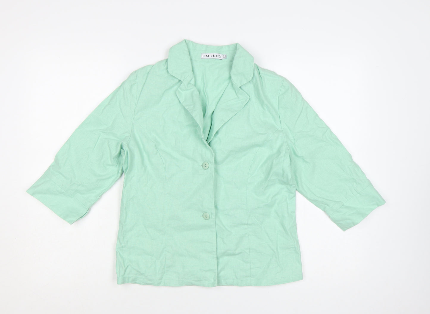 Emreco Women Mint Green Linen Blend Blazer Jacket UK 10 Classic 3/4 Sleeve