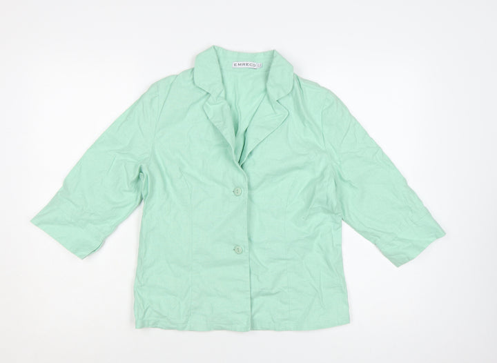 Emreco Women Mint Green Linen Blend Blazer Jacket UK 10 Classic 3/4 Sleeve