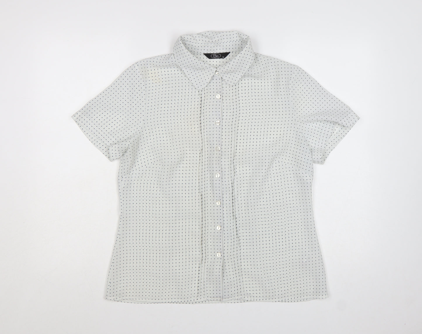 Bm Womens White Polka Dot Short Sleeve Button-Up Blouse Size 14