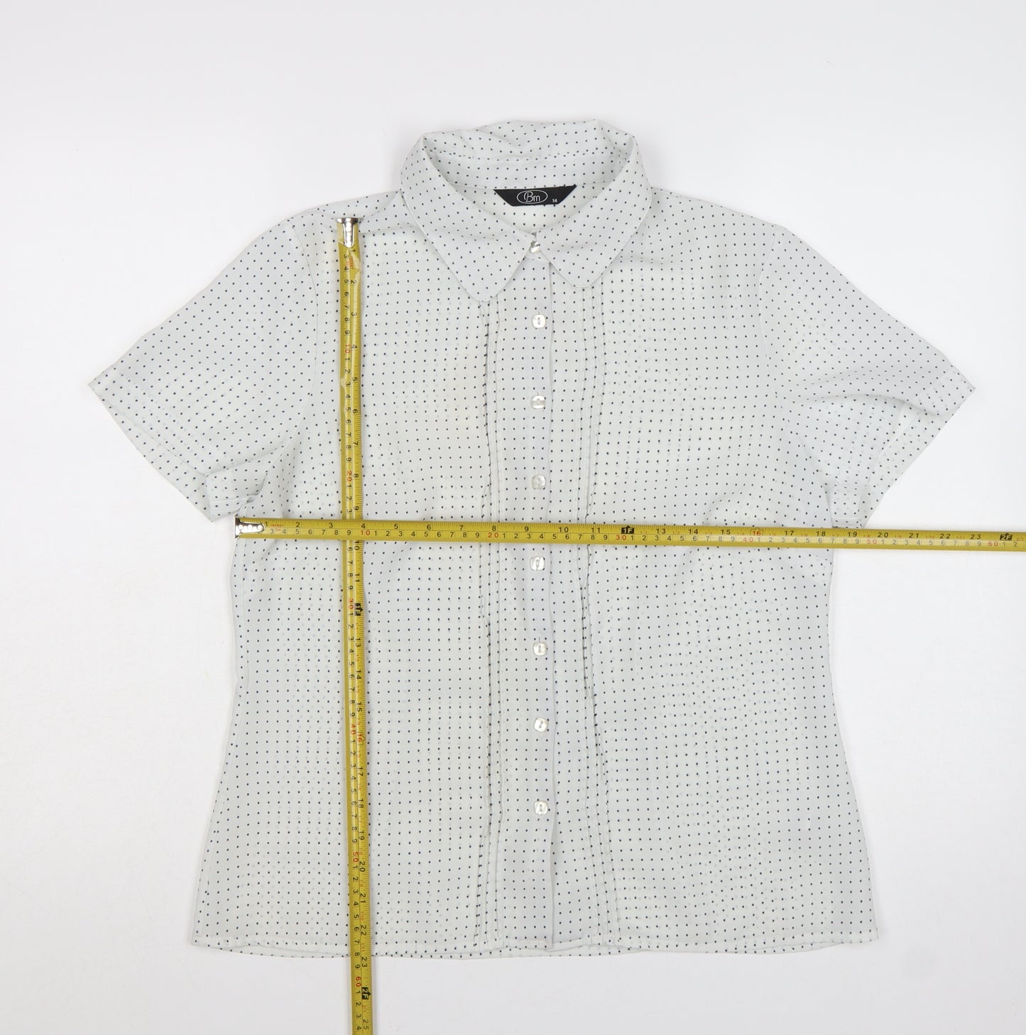 Bm Womens White Polka Dot Short Sleeve Button-Up Blouse Size 14