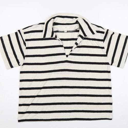 H&M Women’s White Black Striped Collared Short Sleeve T-Shirt Size L