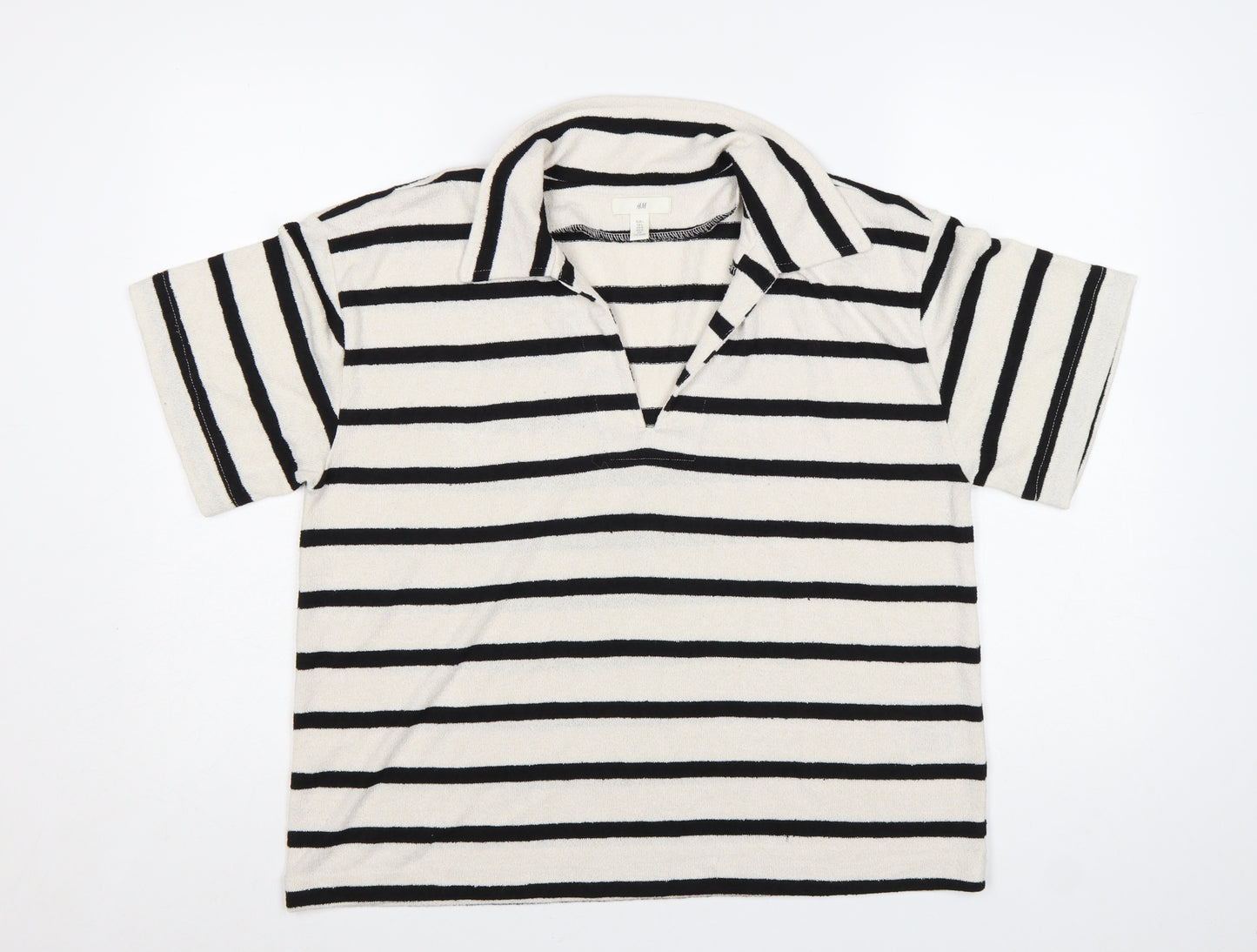 H&M Women’s White Black Striped Collared Short Sleeve T-Shirt Size L