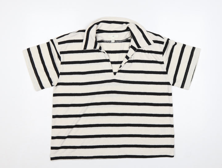 H&M Women’s White Black Striped Collared Short Sleeve T-Shirt Size L
