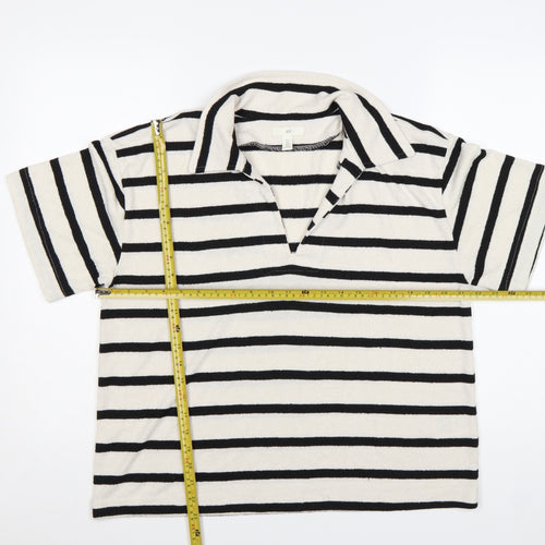H&M Women’s White Black Striped Collared Short Sleeve T-Shirt Size L