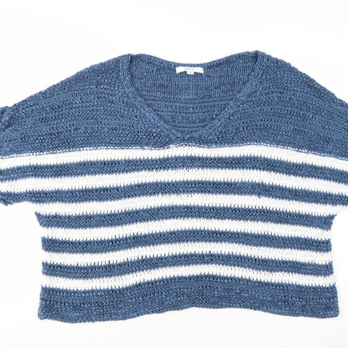 Next Women Blue White Striped V-Neck Knit Jumper XL