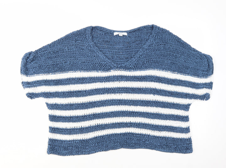 Next Women Blue White Striped V-Neck Knit Jumper XL