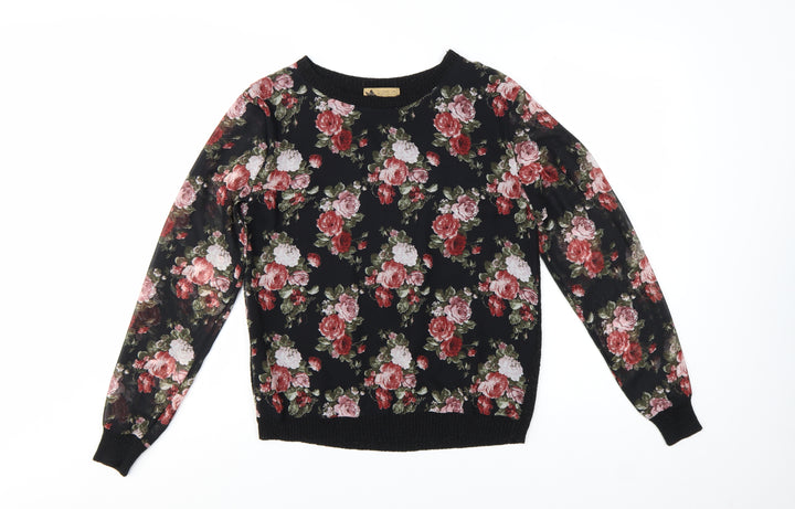 Katsumi Womens Black Floral Acrylic Pullover Jumper S