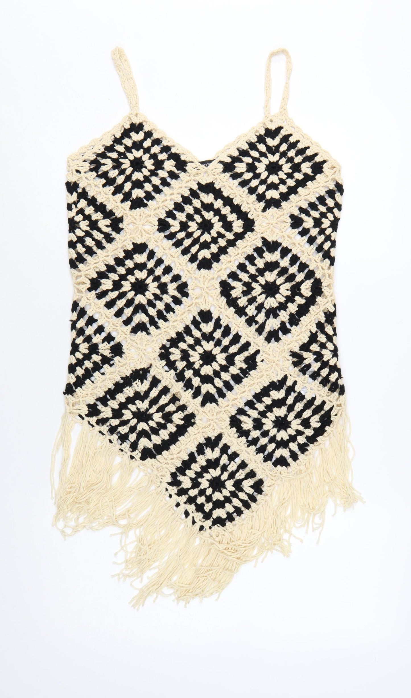 Boohoo Women's Black Beige Crochet Fringe Camisole Top Size L