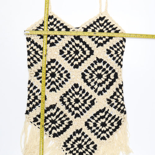 Boohoo Women's Black Beige Crochet Fringe Camisole Top Size L