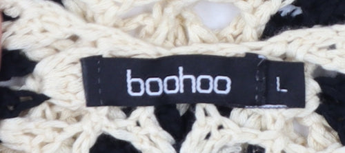 Boohoo Women's Black Beige Crochet Fringe Camisole Top Size L