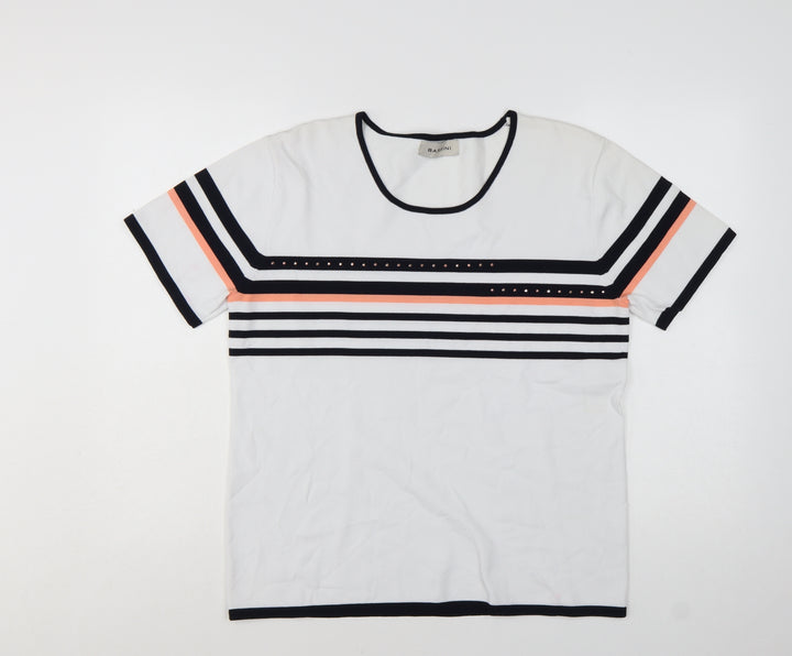 Bassini Women's White Striped Short Sleeve Pullover Jumper Size L