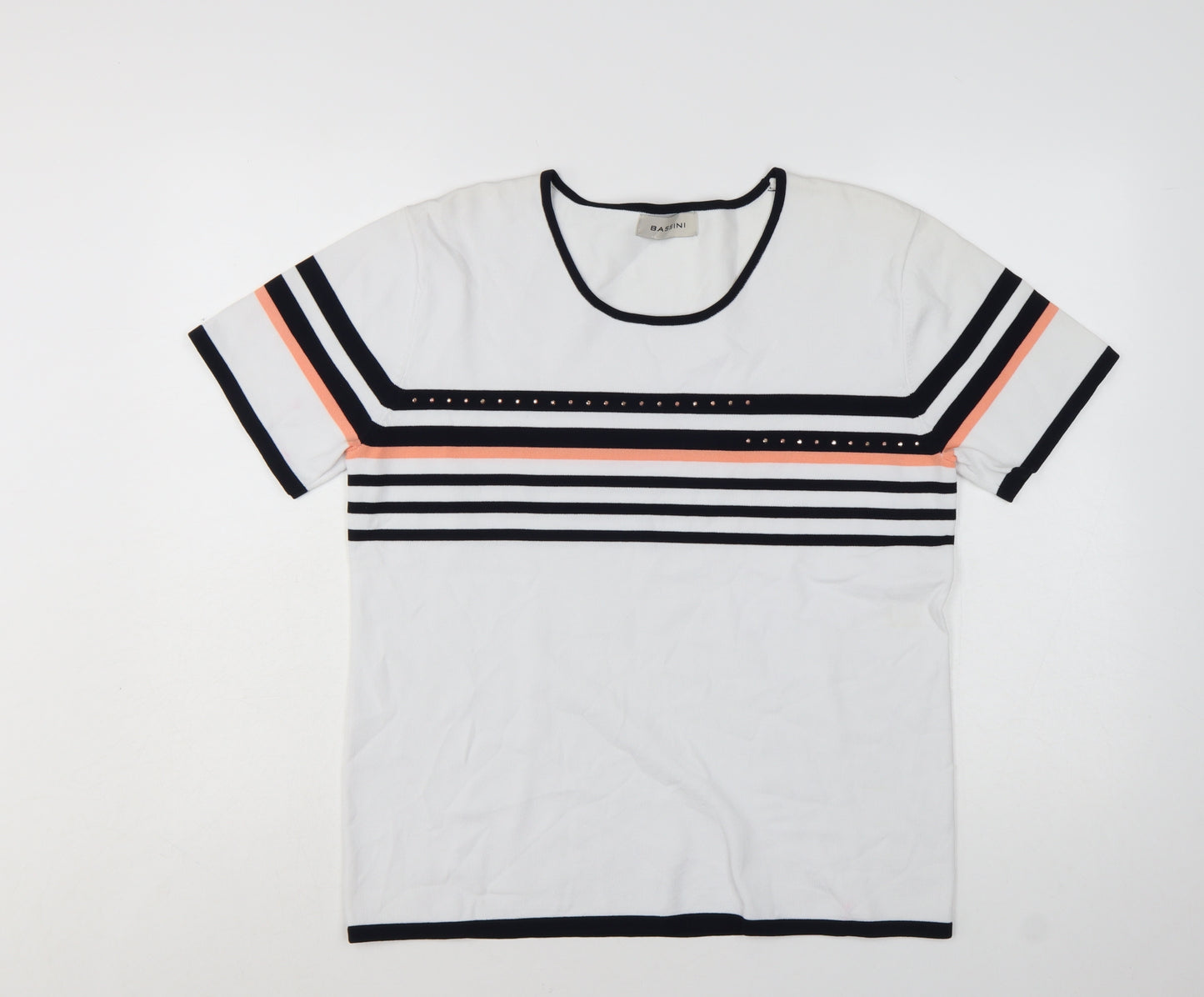 Bassini Women's White Striped Short Sleeve Pullover Jumper Size L