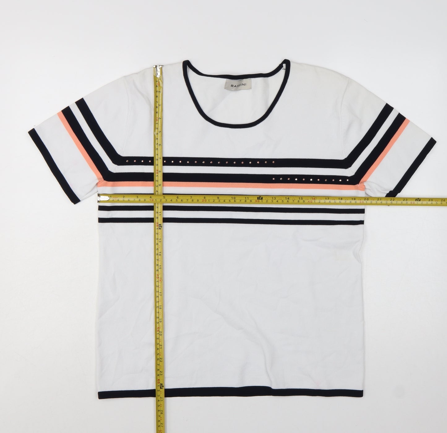 Bassini Women's White Striped Short Sleeve Pullover Jumper Size L