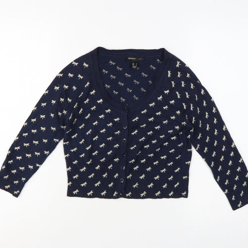 Mango Women Navy Blue Bow Knit Cardigan Jumper Size M V-Neck