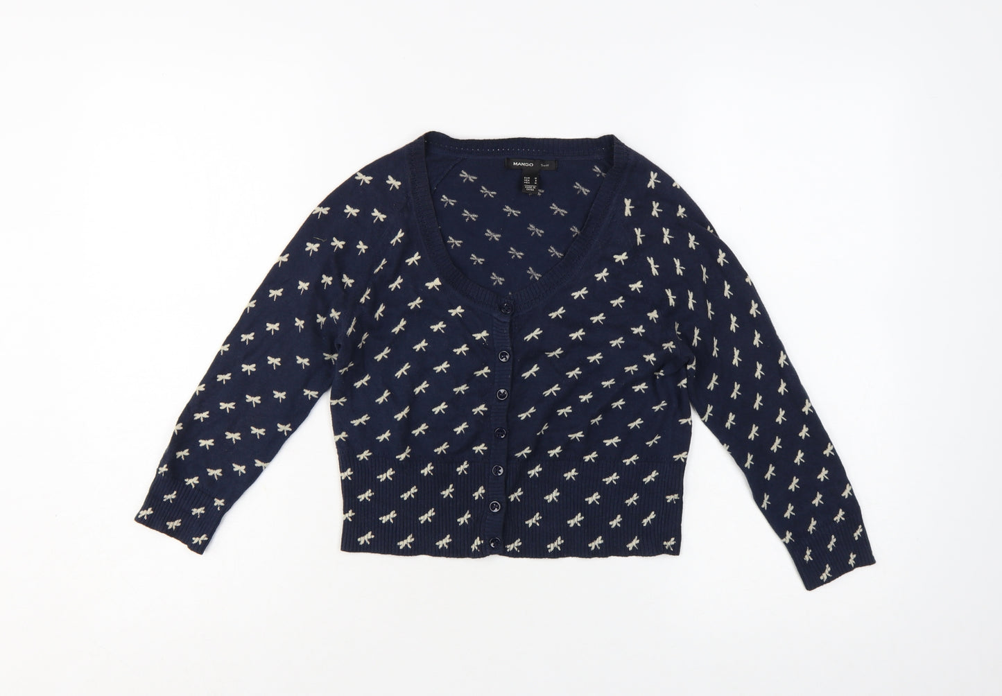 Mango Women Navy Blue Bow Knit Cardigan Jumper Size M V-Neck