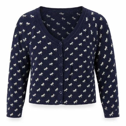 Mango Women Navy Blue Bow Knit Cardigan Jumper Size M V-Neck